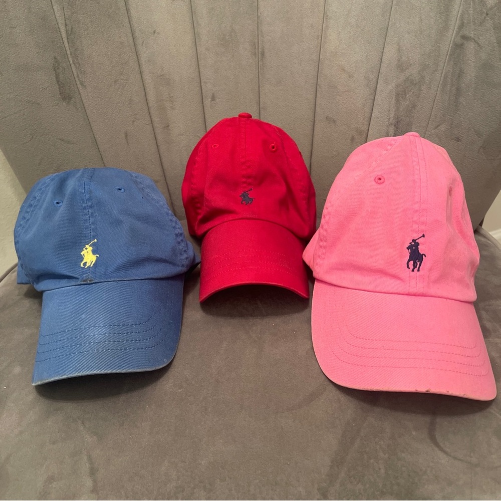 3 POLO Ralph Lauren Hat Set Cap Strap Back Spell Out PINK BLUE RED Vintage